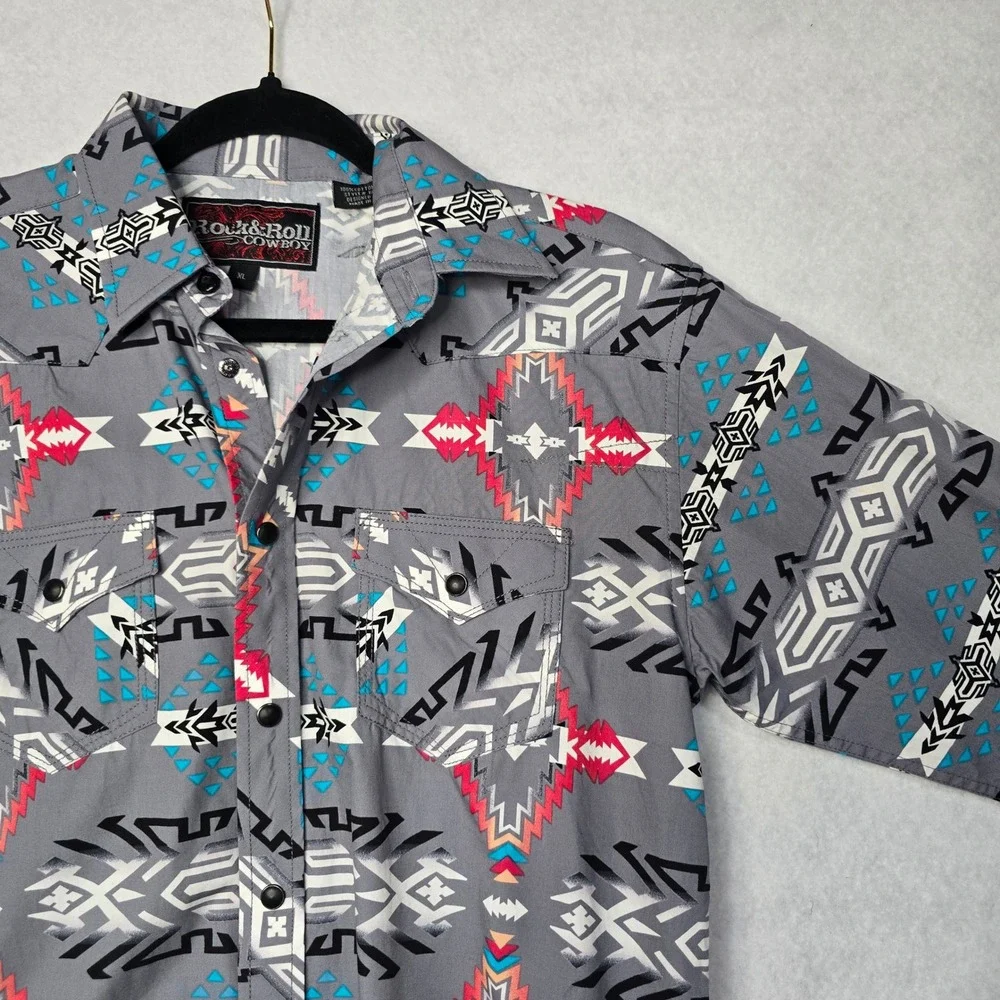 Rock & Roll Cowboy Boys XL Grey Aztec Western Snap Long Sleeve Shirt B8S2315